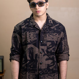 Espresso relaxed full-sleeve Print Shirt with all-over earth-toned print, cuban collar, full-length sleeve