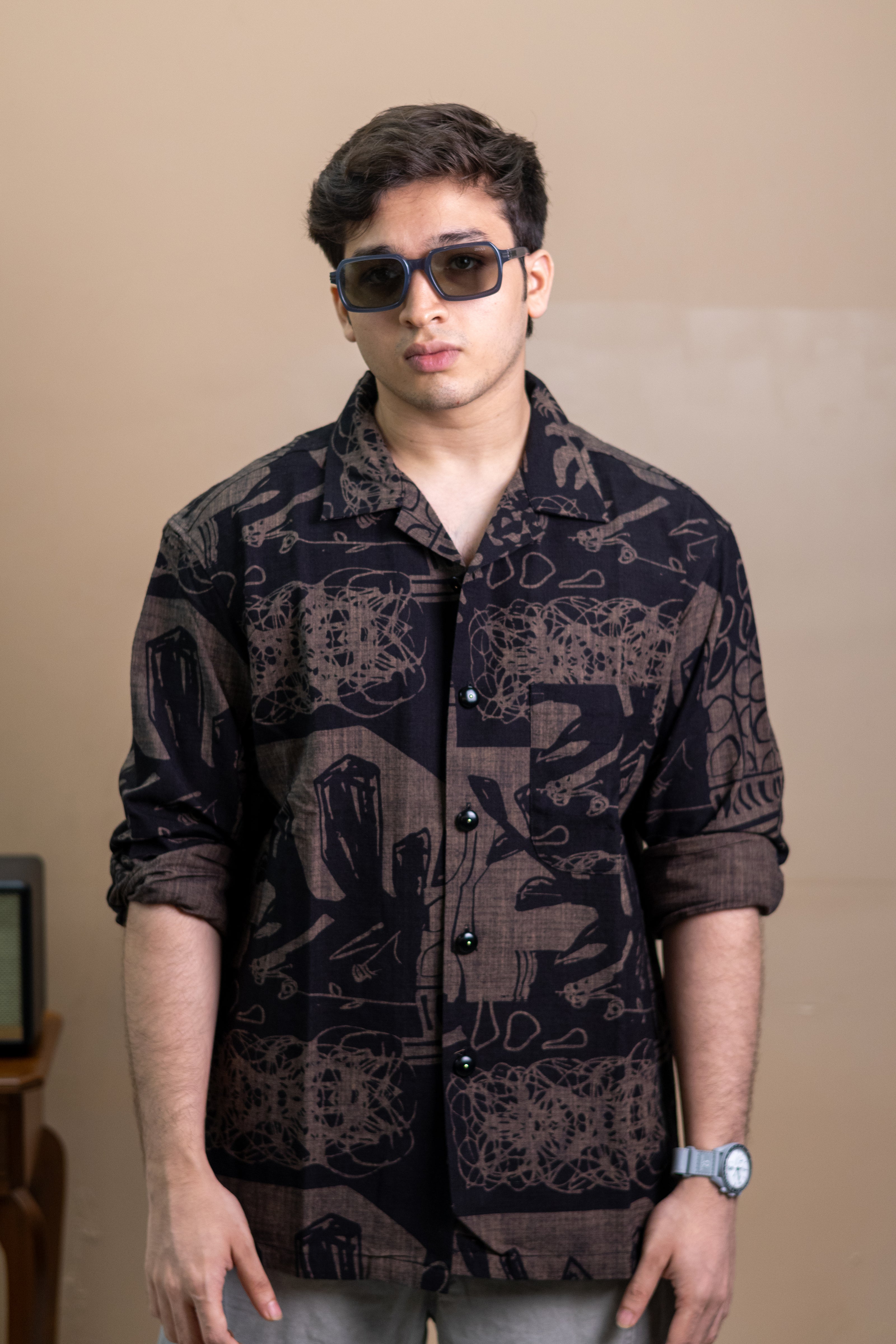 Espresso relaxed full-sleeve Print Shirt with all-over earth-toned print, cuban collar, full-length sleeve