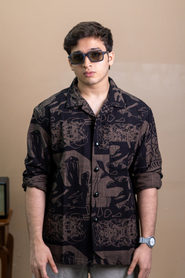 Espresso relaxed full-sleeve Print Shirt with all-over earth-toned print, cuban collar, full-length sleeve