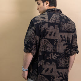 Espresso relaxed full-sleeve Print Shirt with all-over earth-toned print, cuban collar, full-length sleeve