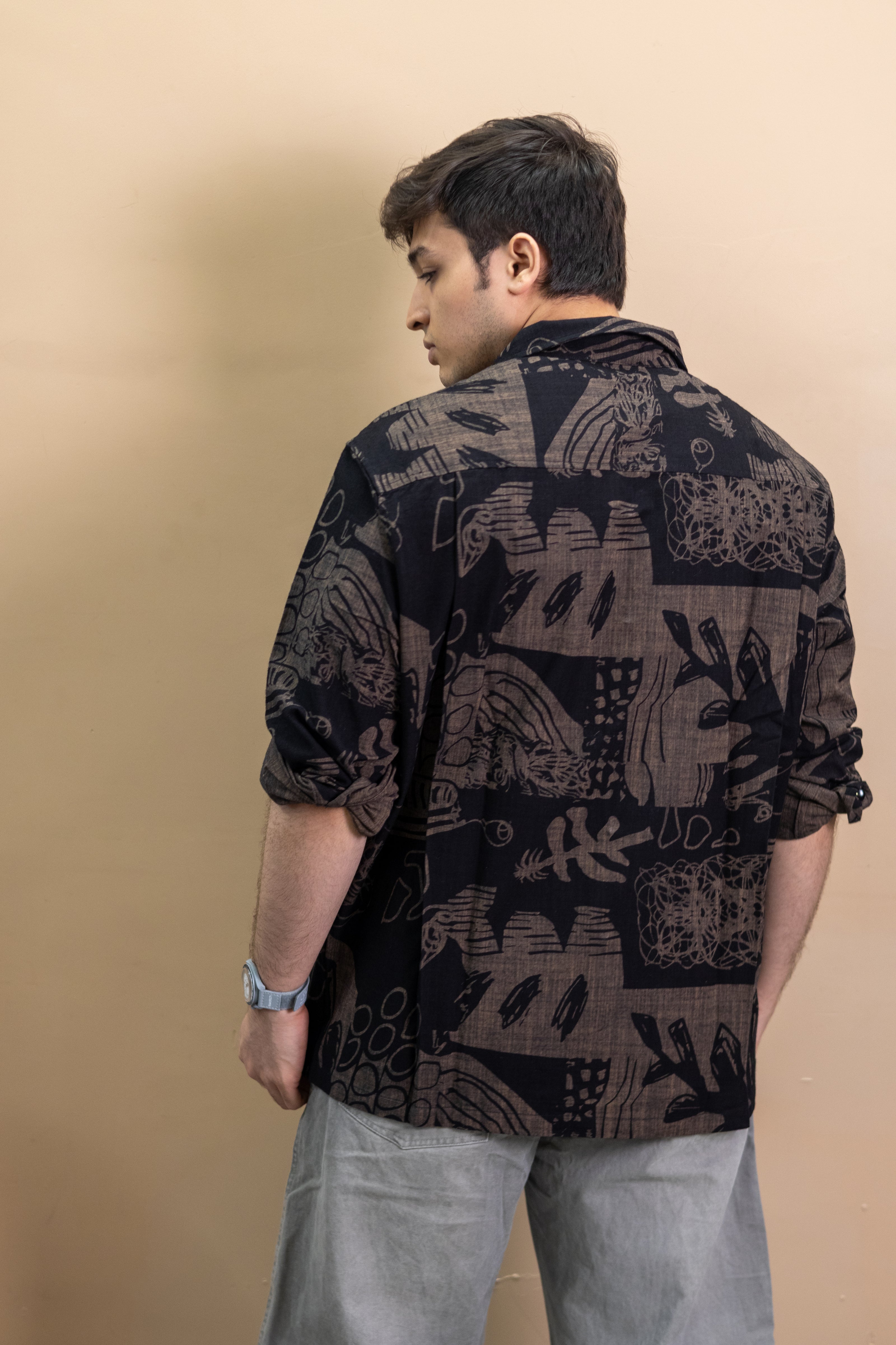 Espresso relaxed full-sleeve Print Shirt with all-over earth-toned print, cuban collar, full-length sleeve