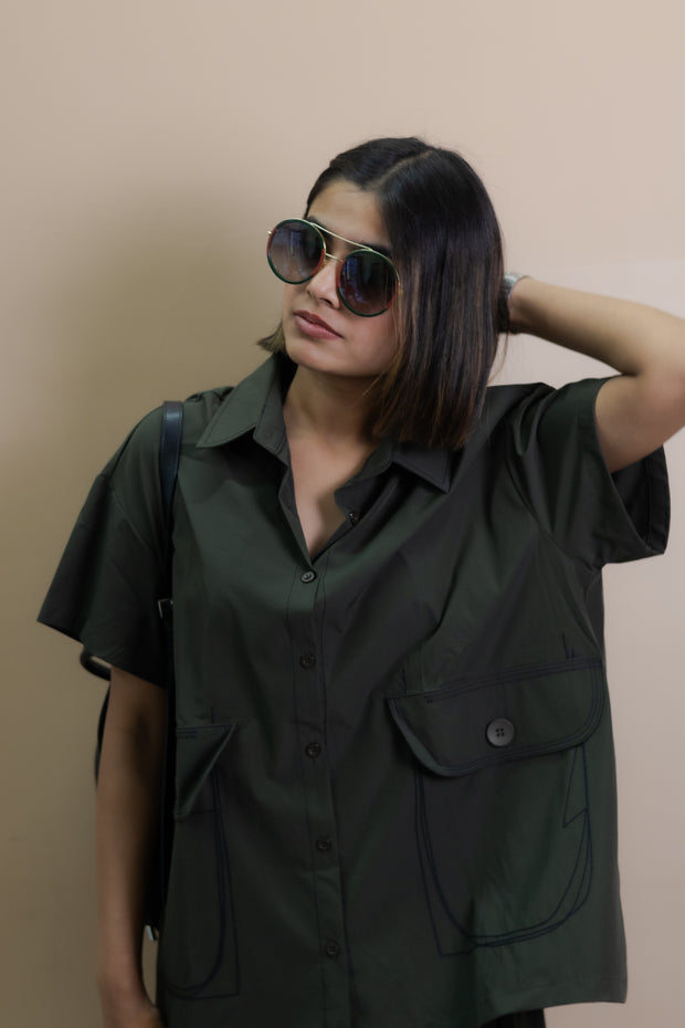 Green free size co-ord shirt with stylish front pocket