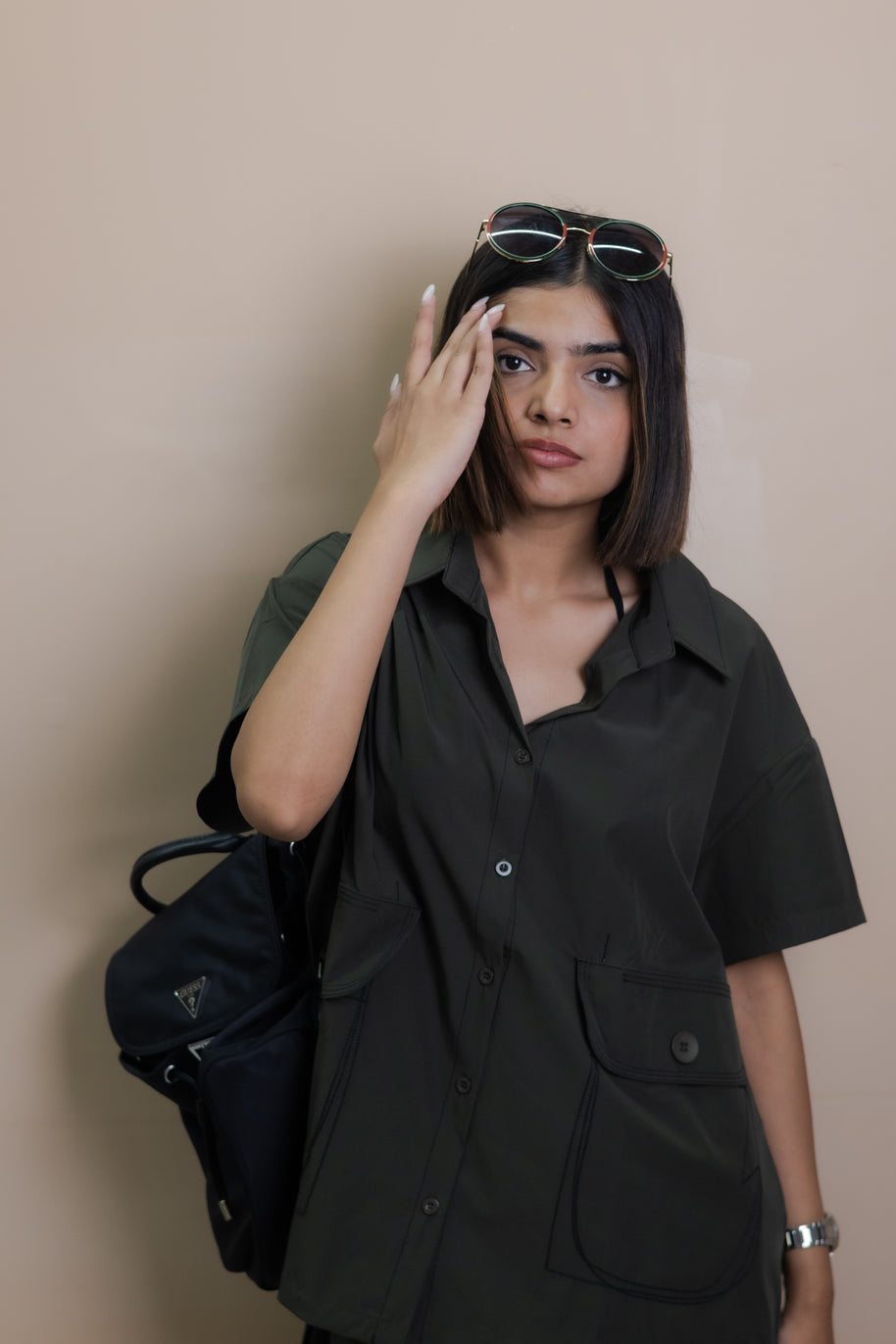 Green free size co-ord shirt with stylish front pocket