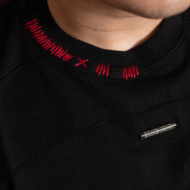 Jet Black Sashiko Stitch Tee, featuring a round neck with distinct red thread detailing