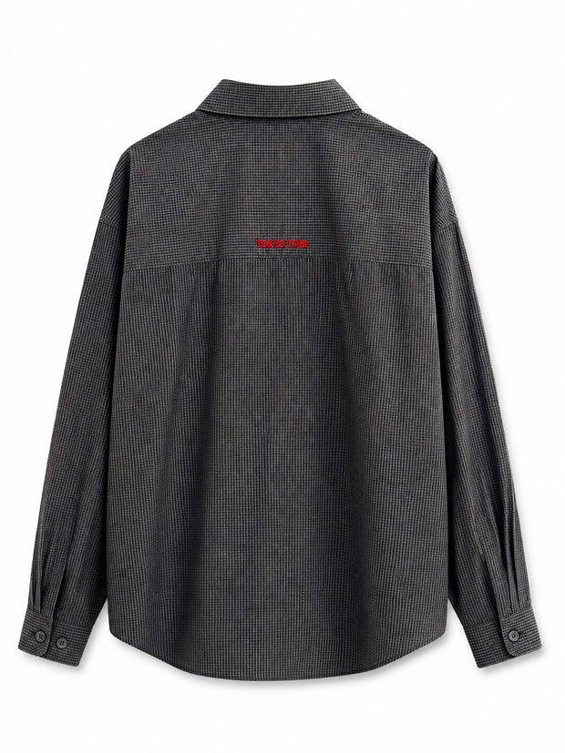 Black boxy overshirt Stripe Co-ord with micro-check reads solid at distance, long sleeve, one chest pocket 