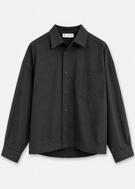 Black boxy overshirt Stripe Co-ord with micro-check reads solid at distance, long sleeve, one chest pocket 