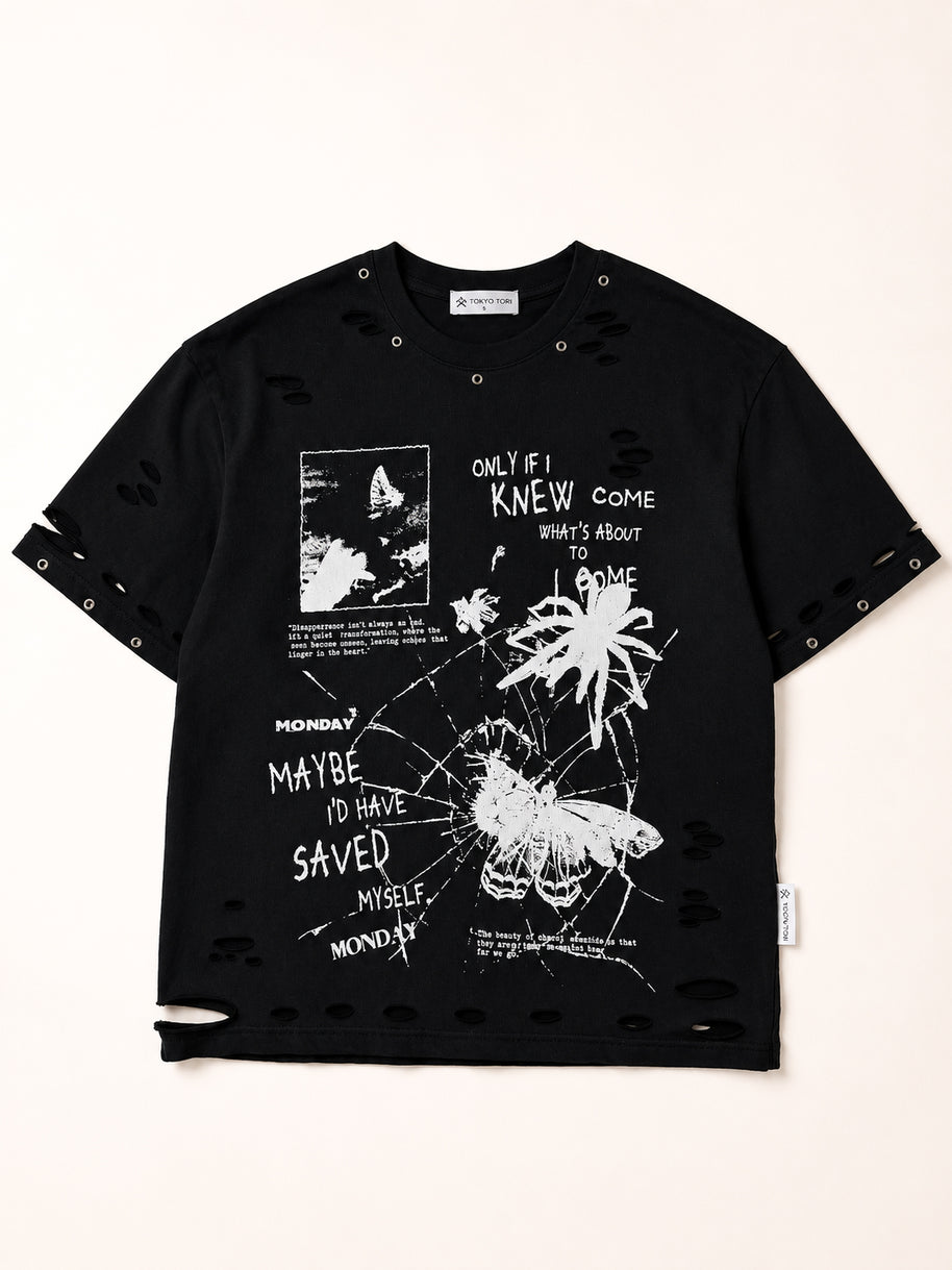 Black t-shirt with white graphic designs and text