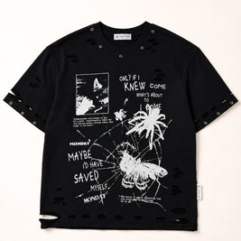 Black t-shirt with white graphic designs and text
