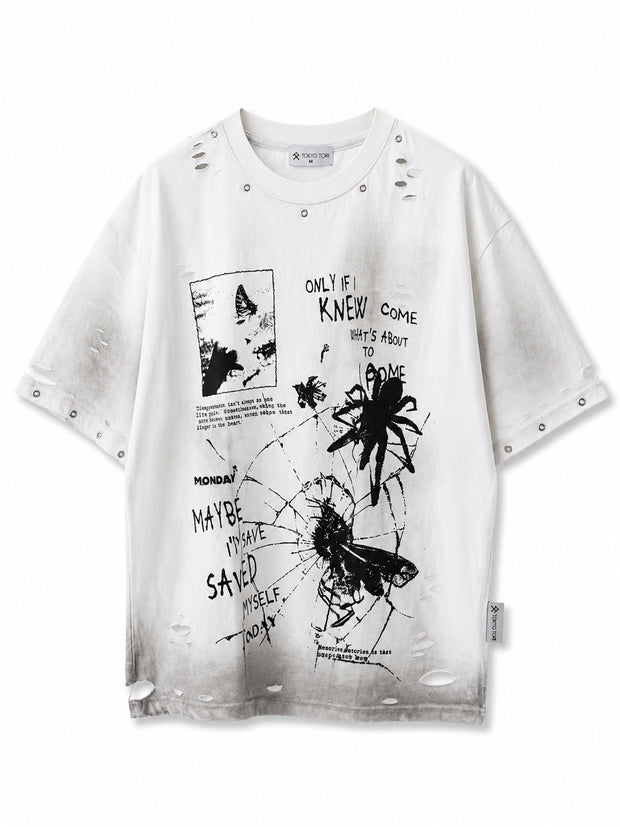 White t-shirt with black graphic designs and text