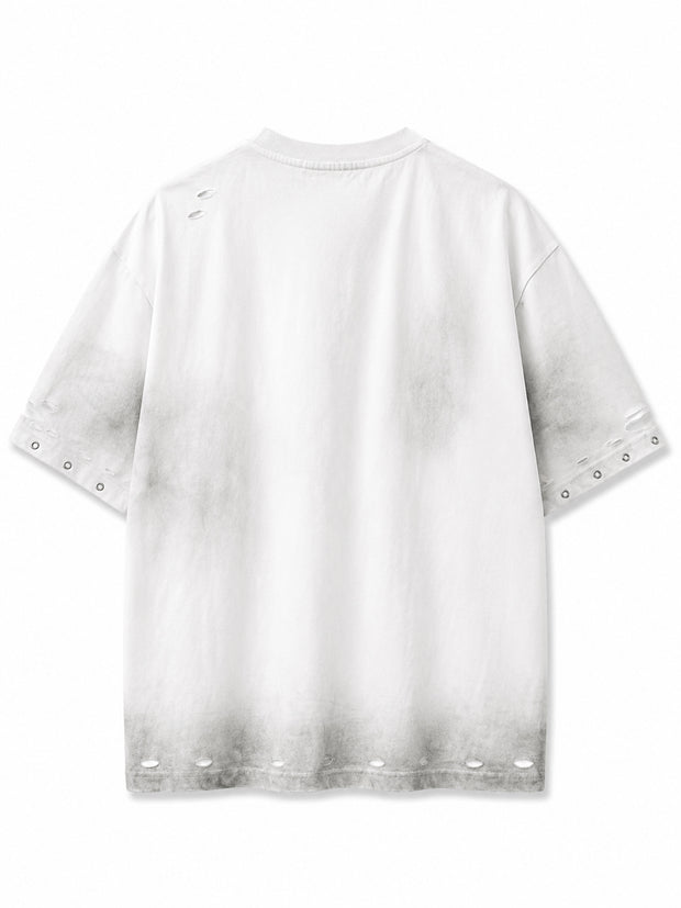 White t-shirt with black graphic designs and text