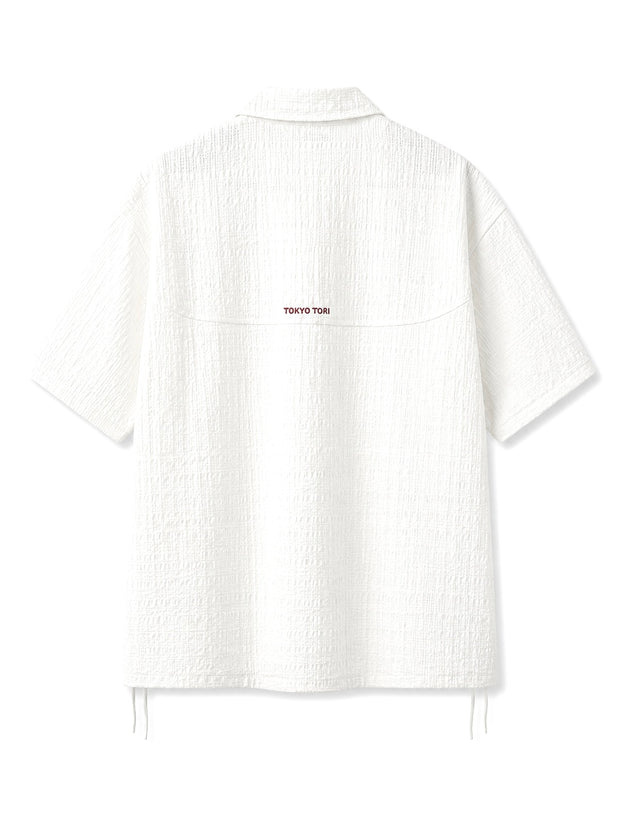 White relaxed overshirt Textured Shirt, semi-sheer in direct light, back embroidery in red