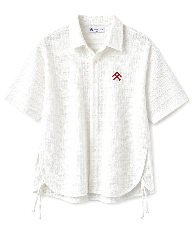 White relaxed overshirt Textured Shirt, semi-sheer in direct light, back embroidery in red