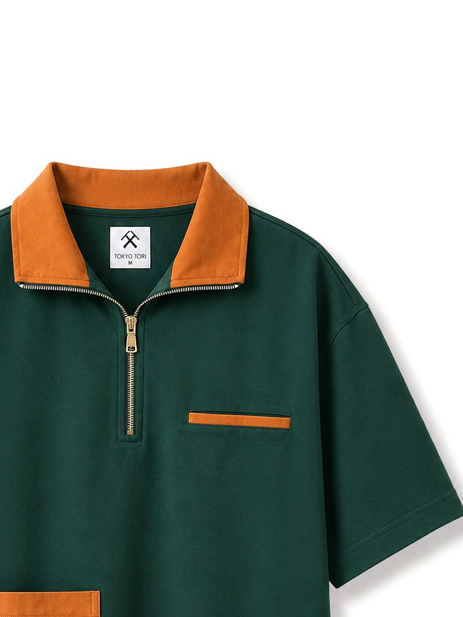 SUEDE DETAIL HALF ZIPPER OVERSIZED POLO TEE