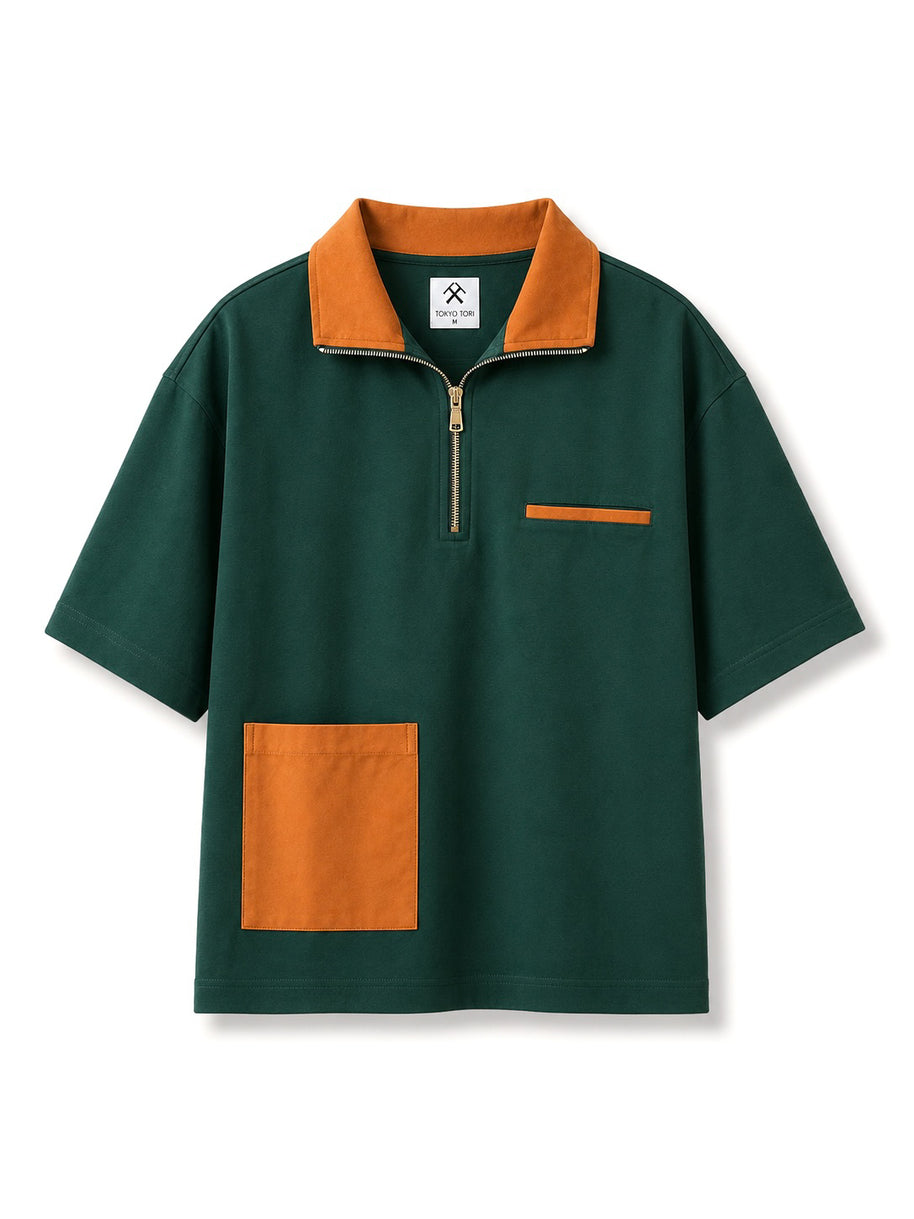 SUEDE DETAIL HALF ZIPPER OVERSIZED POLO TEE