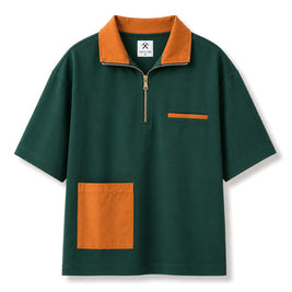 SUEDE DETAIL HALF ZIPPER OVERSIZED POLO TEE