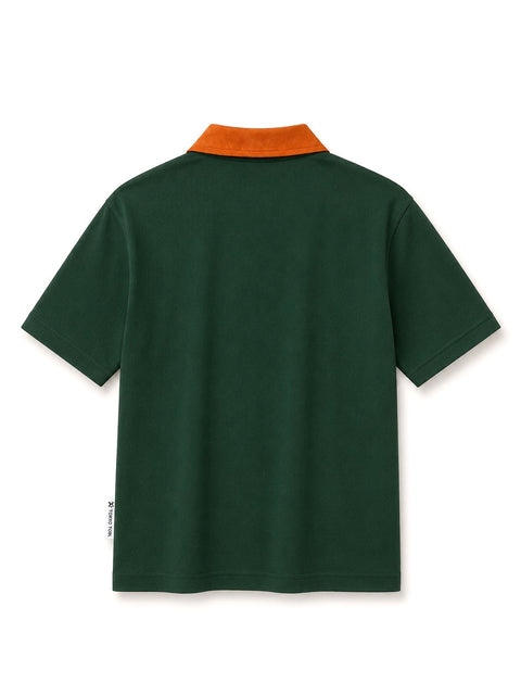SUEDE DETAIL HALF ZIPPER OVERSIZED POLO TEE - FOREST GREEN