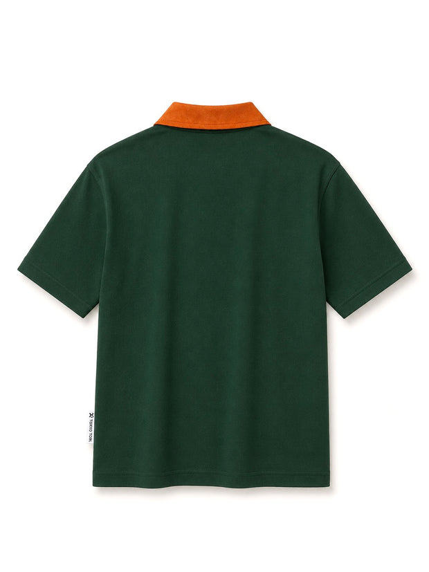 SUEDE DETAIL HALF ZIPPER OVERSIZED POLO TEE - FOREST GREEN