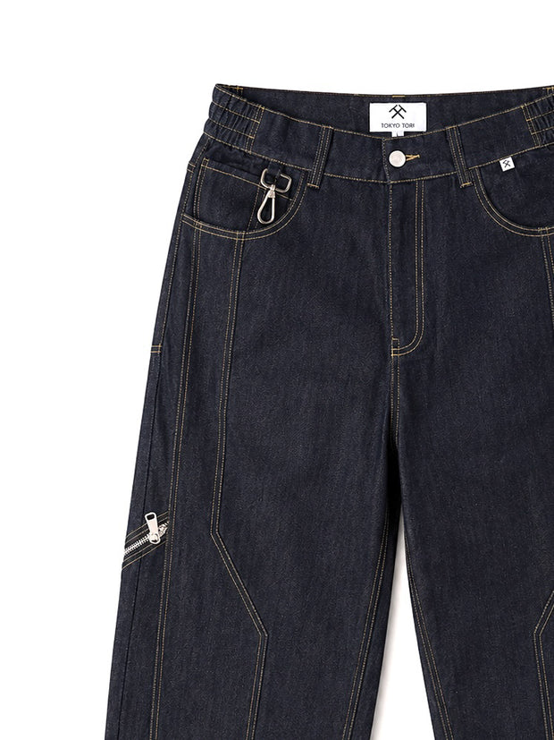 CONTRAST STITCH BAGGY JEANS - INDIGO BLUE