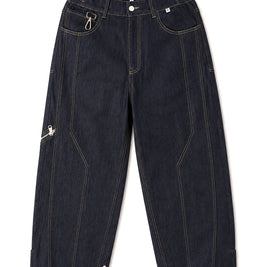 CONTRAST STITCH BAGGY JEANS - INDIGO BLUE