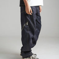 CONTRAST STITCH BAGGY JEANS - INDIGO BLUE