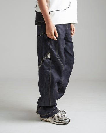 CONTRAST STITCH BAGGY JEANS - INDIGO BLUE