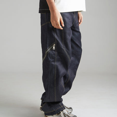 CONTRAST STITCH BAGGY JEANS - INDIGO BLUE