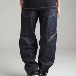 CONTRAST STITCH BAGGY JEANS - INDIGO BLUE