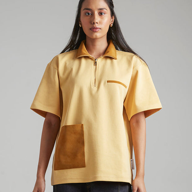 SUEDE DETAIL HALF ZIPPER OVERSIZED POLO TEE