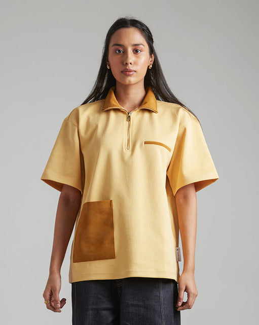SUEDE DETAIL HALF ZIPPER OVERSIZED POLO TEE