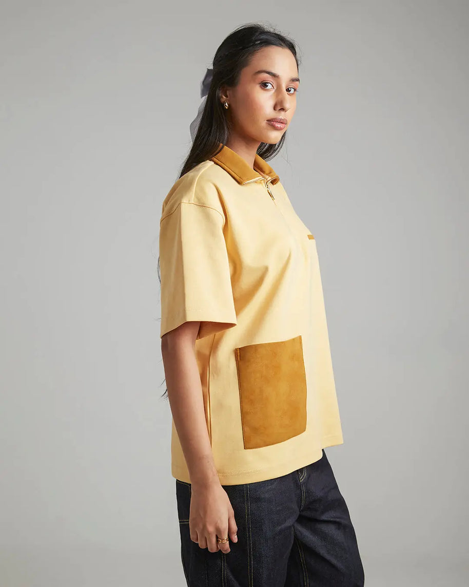 SUEDE DETAIL HALF ZIPPER OVERSIZED POLO TEE Tokyo Tori oversized high GSM T-shirt