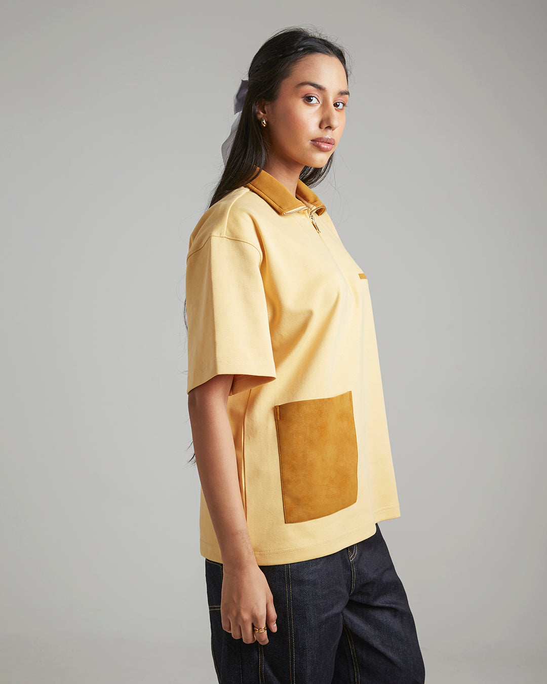 SUEDE DETAIL HALF ZIPPER OVERSIZED POLO TEE