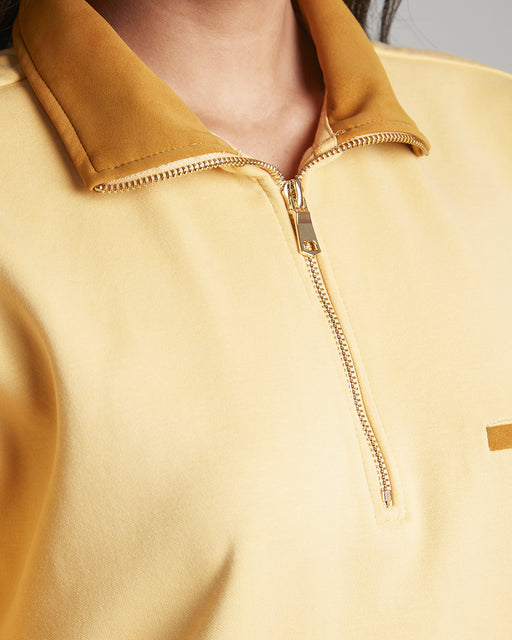 SUEDE DETAIL HALF ZIPPER OVERSIZED POLO TEE