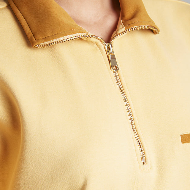 SUEDE DETAIL HALF ZIPPER OVERSIZED POLO TEE