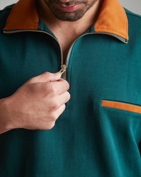 SUEDE DETAIL HALF ZIPPER OVERSIZED POLO TEE