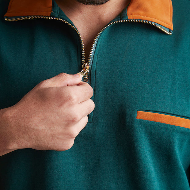 SUEDE DETAIL HALF ZIPPER OVERSIZED POLO TEE