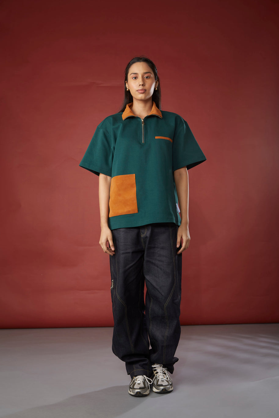 SUEDE DETAIL HALF ZIPPER OVERSIZED POLO TEE - FOREST GREEN