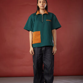SUEDE DETAIL HALF ZIPPER OVERSIZED POLO TEE - FOREST GREEN