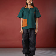 SUEDE DETAIL HALF ZIPPER OVERSIZED POLO TEE