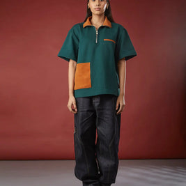 SUEDE DETAIL HALF ZIPPER OVERSIZED POLO TEE Tokyo Tori oversized high GSM T-shirt