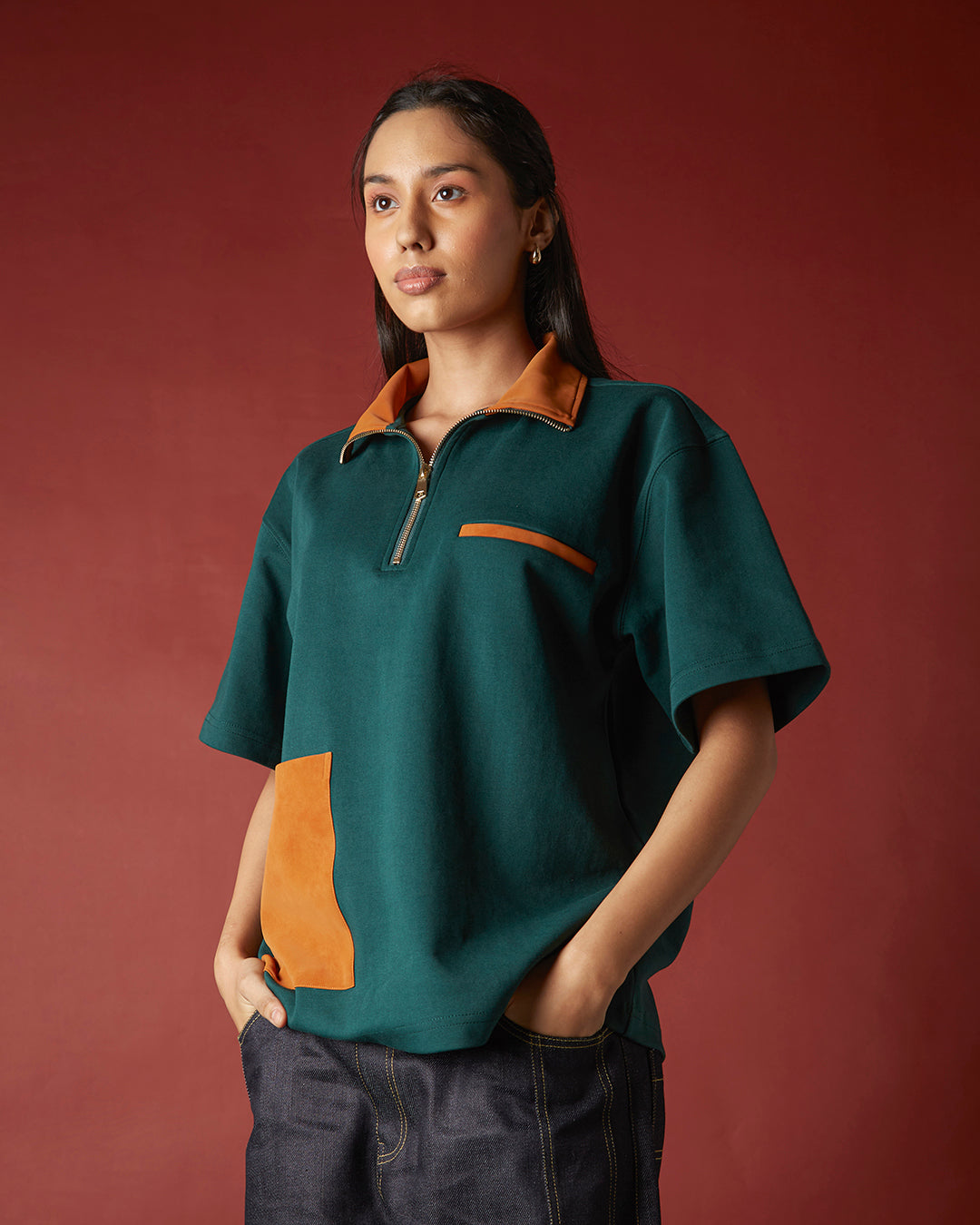 SUEDE DETAIL HALF ZIPPER OVERSIZED POLO TEE