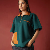 SUEDE DETAIL HALF ZIPPER OVERSIZED POLO TEE
