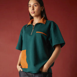 SUEDE DETAIL HALF ZIPPER OVERSIZED POLO TEE Tokyo Tori oversized high GSM T-shirt