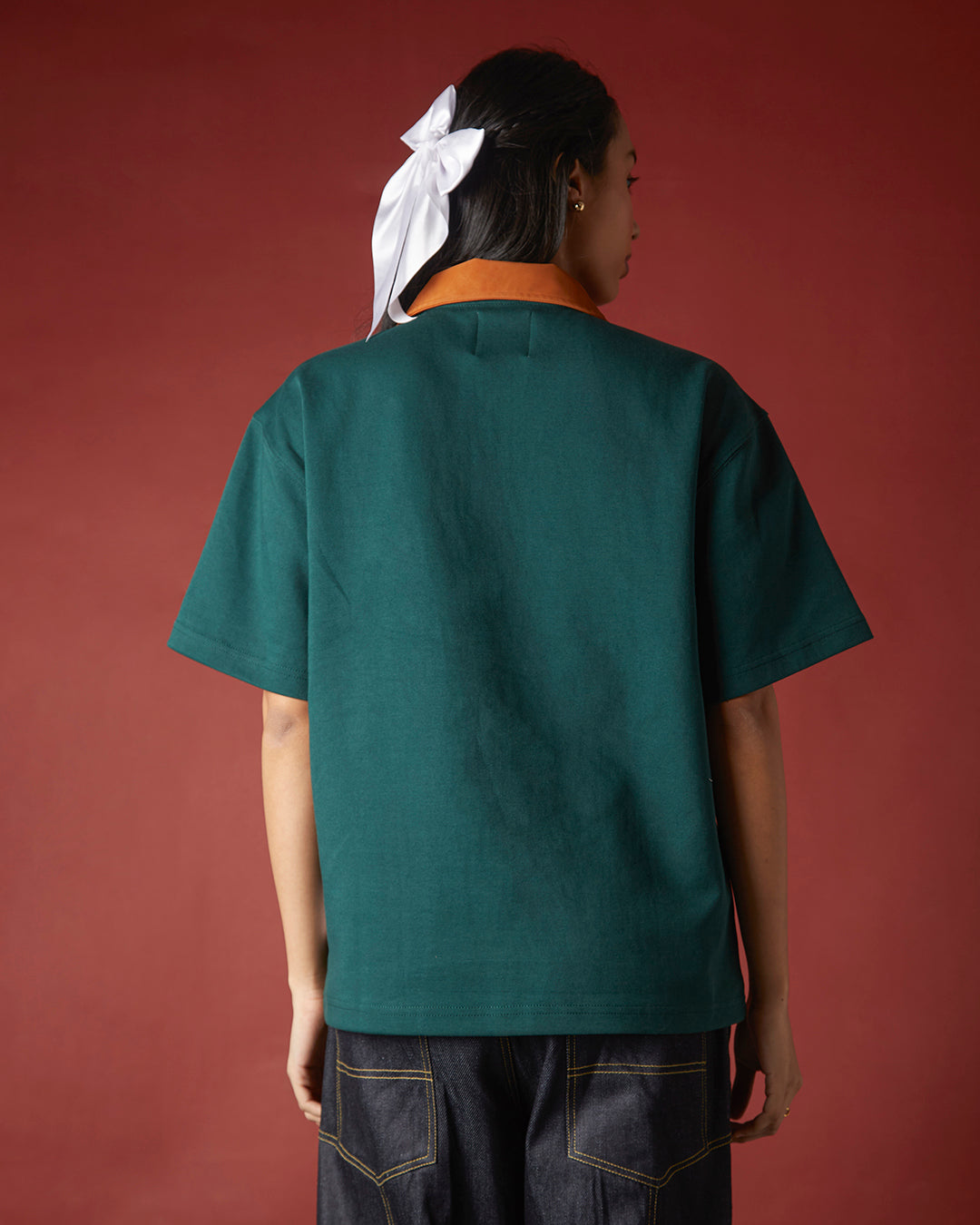 SUEDE DETAIL HALF ZIPPER OVERSIZED POLO TEE