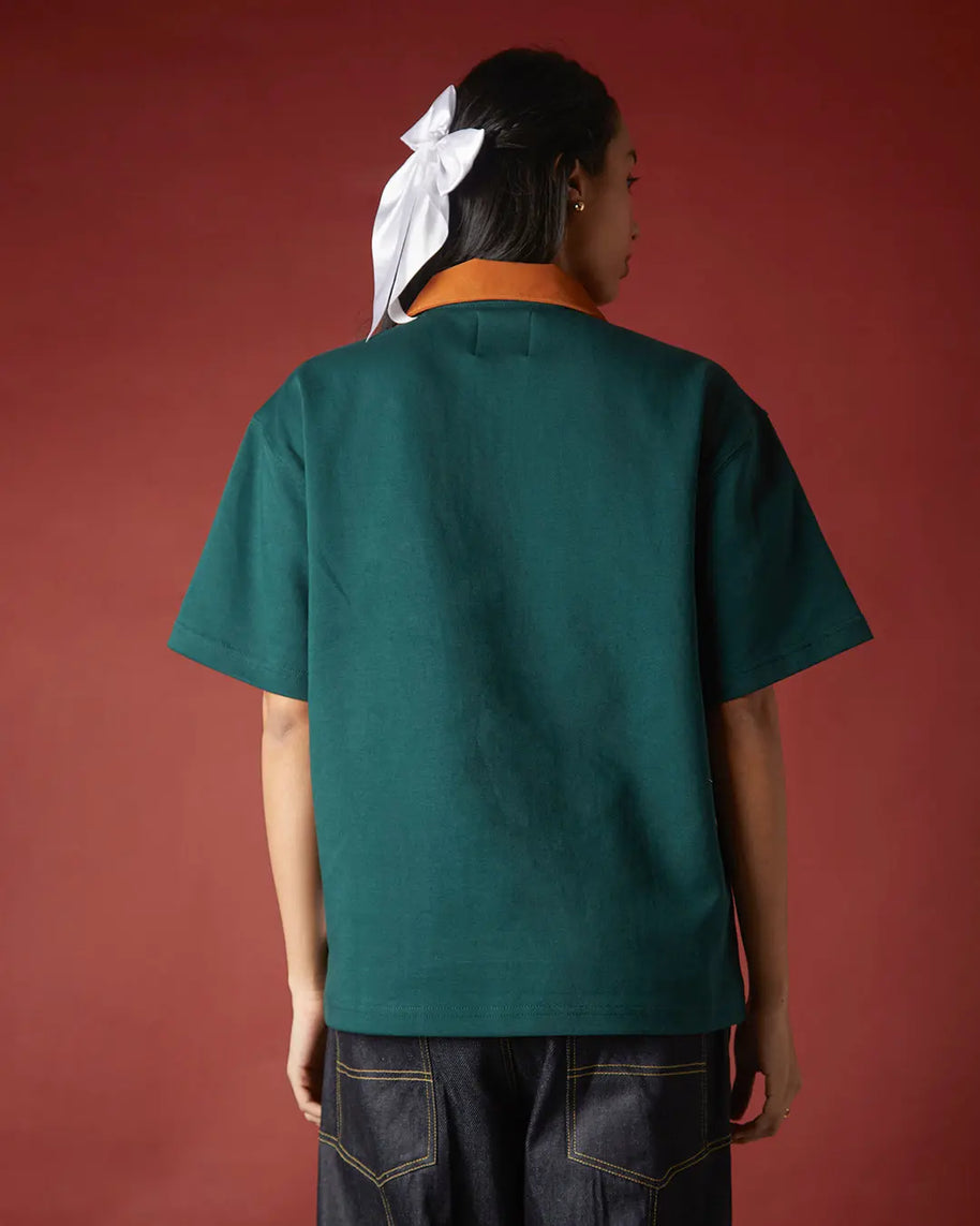 SUEDE DETAIL HALF ZIPPER OVERSIZED POLO TEE Tokyo Tori oversized high GSM T-shirt