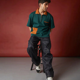 SUEDE DETAIL HALF ZIPPER OVERSIZED POLO TEE Tokyo Tori oversized high GSM T-shirt