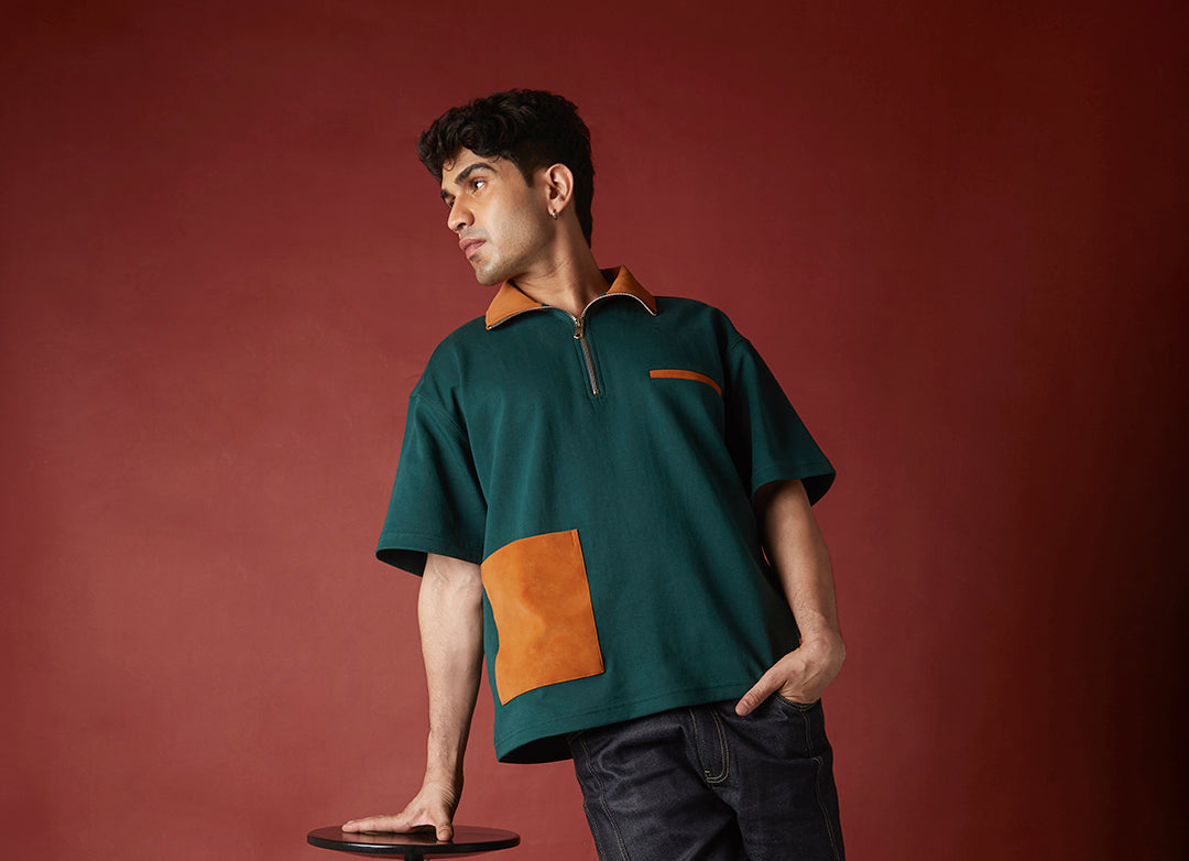 SUEDE DETAIL HALF ZIPPER OVERSIZED POLO TEE