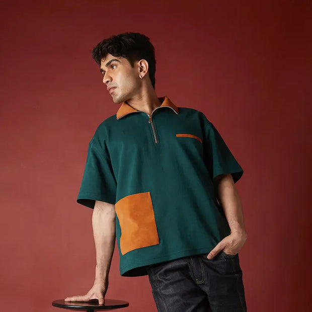 SUEDE DETAIL HALF ZIPPER OVERSIZED POLO TEE Tokyo Tori oversized high GSM T-shirt