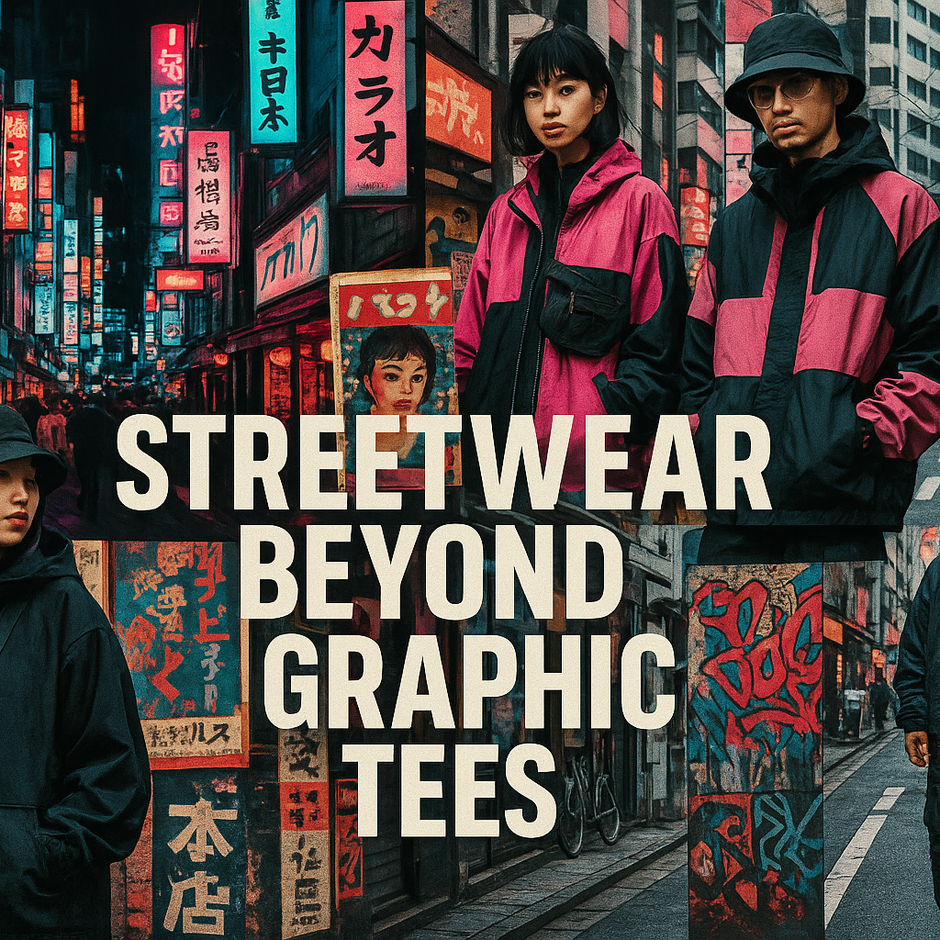 A Japanese street aesthetic collage with text - Streetwear Beyond Graphic Tees